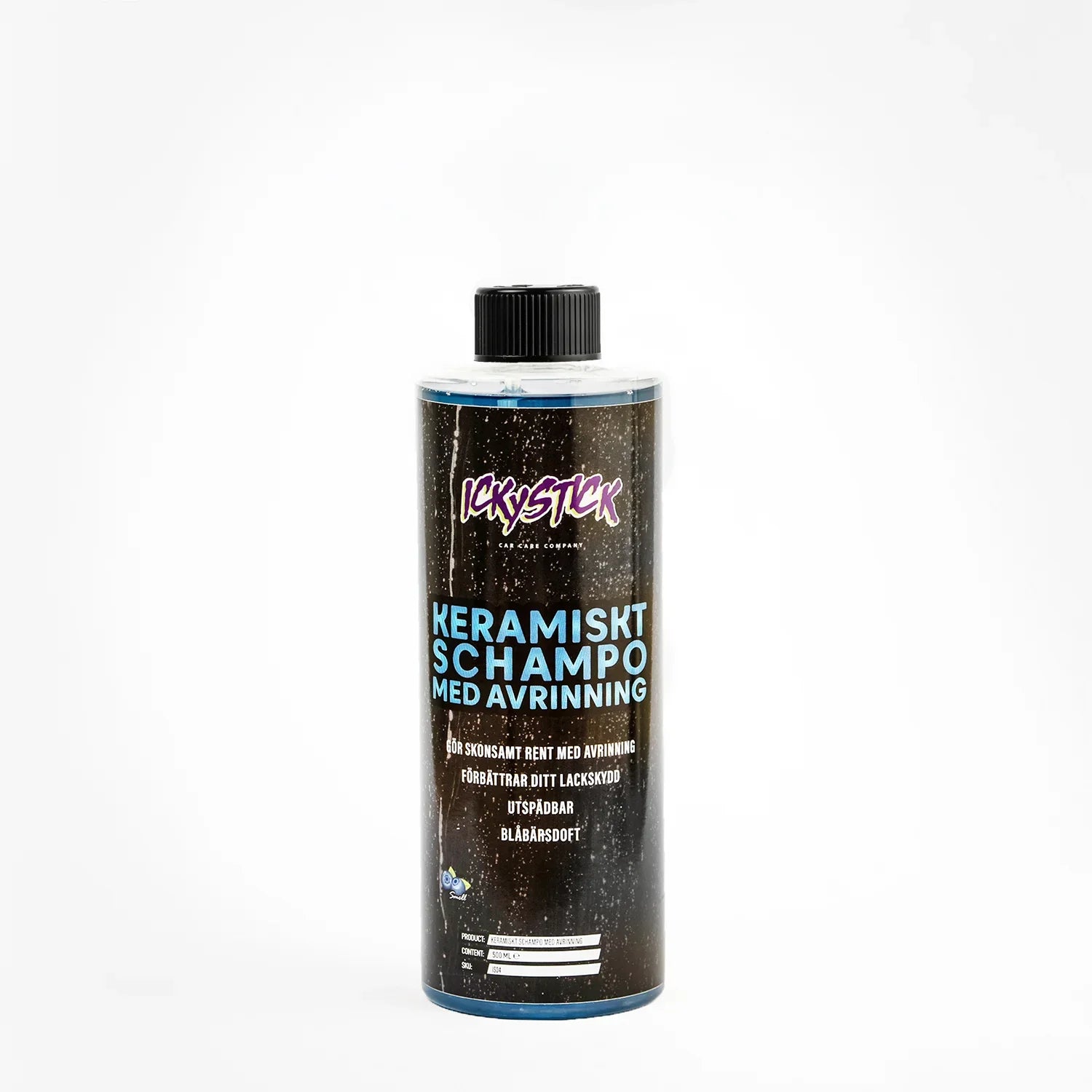 Ceramic car shampoo bottle with drainage effect and blueberry scent on white background.