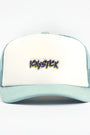 Light blue and white trucker cap with embroidered Ickystick logo on the front panel